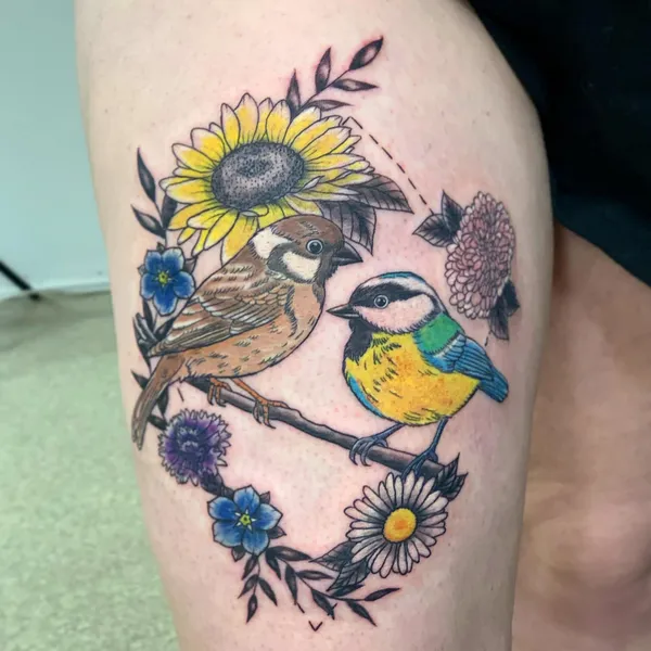 Farbige Vögel zwischen Sonnenblume und weiteren Blüten